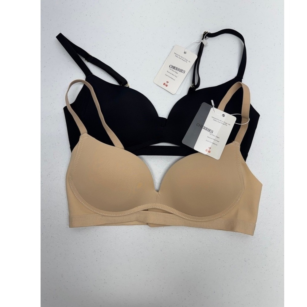 Cherries Bra Women YA Black & Tan Office Elegance Wireless Small Bust 2 Pack